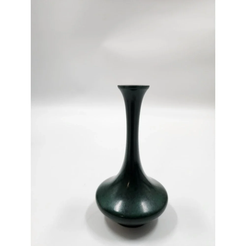 Vintage Miniature Bud Vase Dark Green Metal Mottled Enamel Finish 5.25 Inch